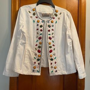 Jeweled and bedazzled, lightweight- lined white denim jacket